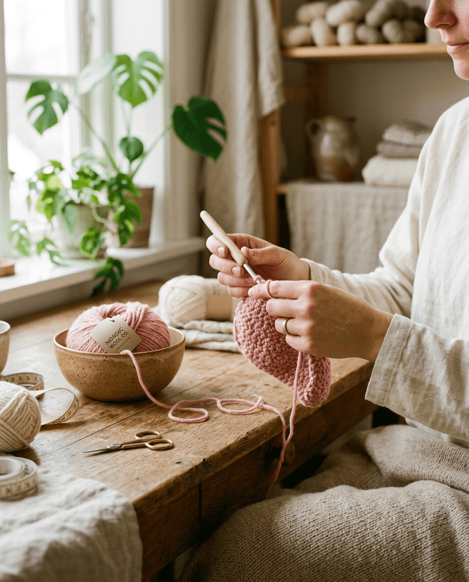 Manos tejiendo a crochet en una mesa de madera junto a ovillos de lana